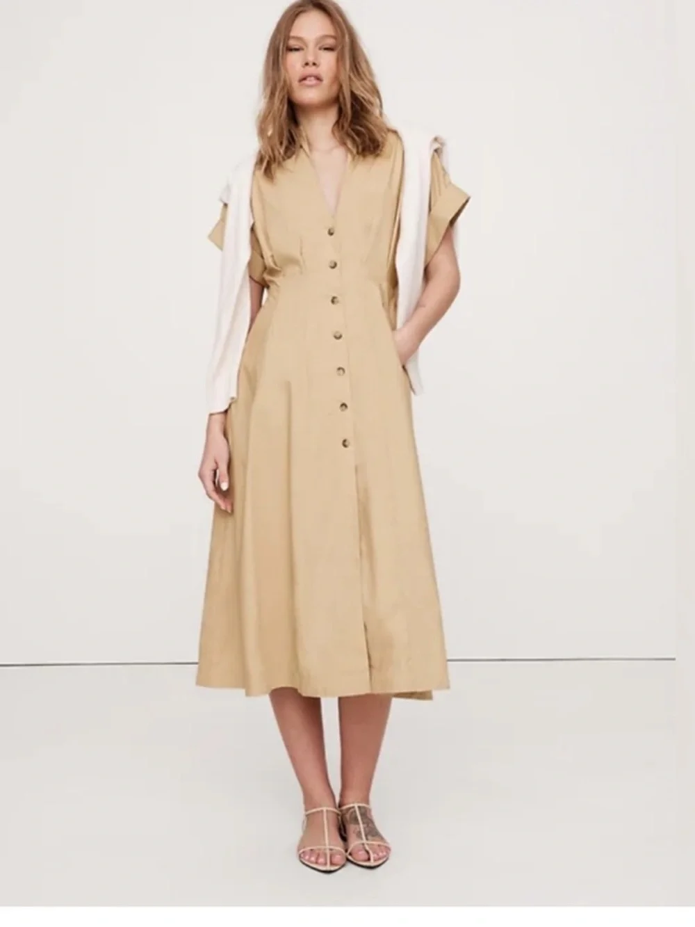 Banana Republic Cotton Poplin Shirt Dress Sandstone Midi Fit Flare 8 - Picture 9 of 10